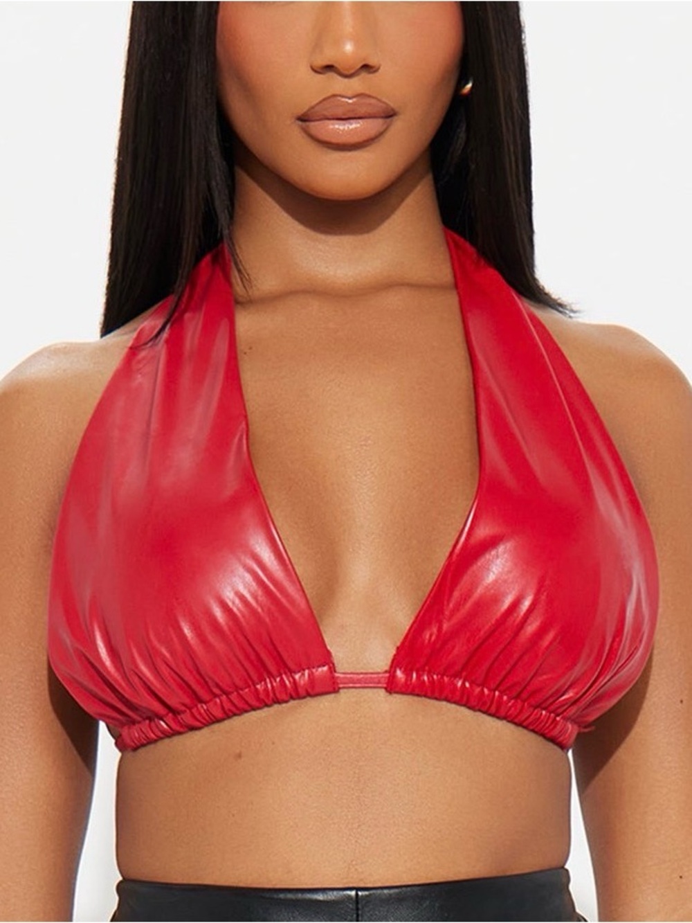 Fashion Nova Red Halter Faux Leather Top with Deep V